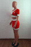 Tangerine Red Sexy Casual Patchwork Buttons Printing O Neck Short Sleeve Two Pieces
