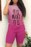 Pink Casual Daily Gradient Print Letter Print O Neck Short Sleeve Two Pieces