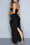 Black Sexy Patchwork See-Through Backless Slit Hot Drill Strapless Long Dresses