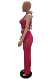 Rose Red Sexy Solid Color Hollow Out See-Through Backless Belted Halter Sleeveless Two Pieces