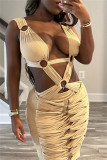 Khaki Sexy Hot Solid Color Patchwork Backless Long Dresses