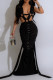 Black Celebrities Solid Color Hollow Out Patchwork Ruched Deep V Neck Evening Dresses