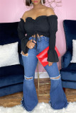 Blue Sexy Casual Solid Draw String Backless Off the Shoulder Tops