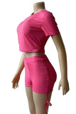 Deep Pink Casual Solid Color Draw String Patchwork O Neck Short Sleeve Two Pieces