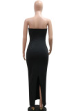 Black Sexy Patchwork See-Through Backless Slit Hot Drill Strapless Long Dresses