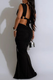 Black Celebrities Solid Color Hollow Out Patchwork Ruched Deep V Neck Evening Dresses