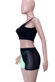 Green Sexy Patchwork See-Through Backless Contrast U Neck Sleeveless Three Pieces