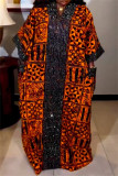 Orange Casual Print Patchwork V Neck Long Plus Size Dresses