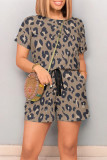 Grey Casual Leopard Print Draw String Pocket O Neck Loose Rompers