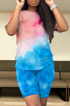 Blue Pink Casual Print Patchwork O Neck Short Sleeve Two Pieces
