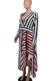 Black Celebrities Stripe Patchwork Deep V Neck Long Dresses