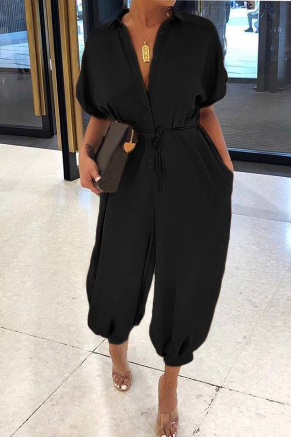 Black Casual Solid Patchwork Turndown Collar Harlan Jumpsuits
