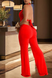 Red Sexy Solid Color Hollow Out Patchwork Strap Design Halter Loose Jumpsuits