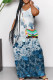Blue White Casual Print Pocket Patchwork V Neck Long Dresses