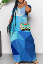 Baby Blue Casual Print Pocket Patchwork V Neck Long Dresses