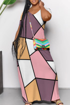 Multicolor Casual Print Pocket Patchwork V Neck Long Dresses