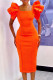 Tangerine Red Celebrities Solid Color Patchwork Slit Zipper Square Neck Wrapped Skirt Dresses