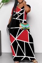 Black Red Casual Print Pocket Patchwork V Neck Long Dresses