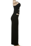 Black Sexy Solid Color Hollow Out Patchwork Backless Spaghetti Strap Long Dresses