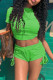 Green Casual Solid Color Draw String Patchwork O Neck Short Sleeve Two Pieces