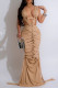 Apricot Celebrities Solid Color Hollow Out Patchwork Ruched Deep V Neck Evening Dresses