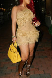 Brown Sexy Solid Color Fringed Trim Hollow Out See-Through Oblique Collar Wrapped Skirt Dresses