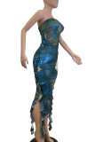 Turquoise Celebrities Print Patchwork Backless Slit Flounce Strapless Irregular Dresses