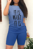 Blue Casual Daily Gradient Print Letter Print O Neck Short Sleeve Two Pieces