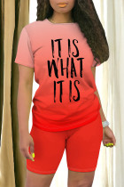 Red Casual Daily Gradient Print Letter Print O Neck Short Sleeve Two Pieces