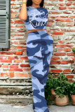 Blue Casual Street Camouflage Print Letter Print Pocket O Neck Short Sleeve Two Pieces