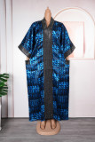 Blue Casual Print Patchwork V Neck Long Plus Size Dresses