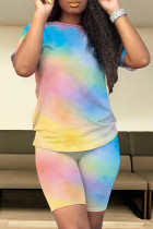 Multicolor Casual Print Patchwork O Neck Short Sleeve Two Pieces