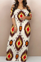 Multicolor Casual Street Geometric Print Flowers Off Shoulder Printed Dresses