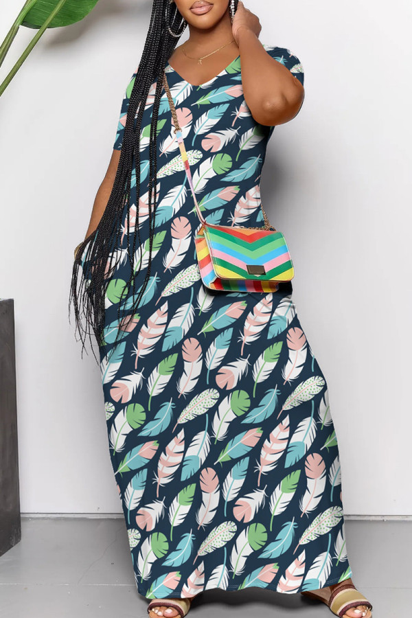 Tibetan Blue Casual Print Pocket Patchwork V Neck Long Dresses