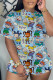 Blue White Casual Cartoon Print Basic O Neck Short Sleeve Two Pieces