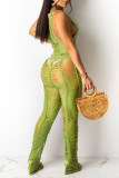 Green Sexy Solid Color Hollow Out Patchwork See-Through O Neck Regular Jumpsuits