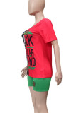 Red Casual Letters Patchwork O Neck Short Sleeve Two Pieces