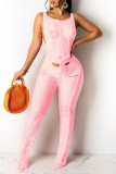 Tangerine Red Sexy Solid Color Hollow Out Patchwork See-Through O Neck Regular Jumpsuits
