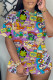 Purple Casual Cartoon Print Basic O Neck Short Sleeve Two Pieces