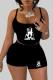 Black Sexy Print Patchwork Backless Spaghetti Strap Sleeveless Two Pieces