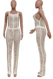 White Sexy Solid Color Hollow Out Patchwork See-Through O Neck Regular Jumpsuits