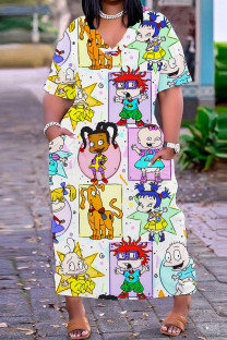 White Casual Cartoon Print Basic V Neck Long Plus Size Dresses