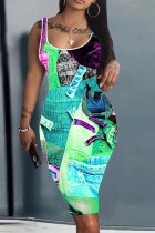 Turquoise Casual Print Basic U Neck Vest Dresses