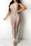 Light Khaki Sexy Solid Color Hollow Out Patchwork See-Through Swimwears Cover Up