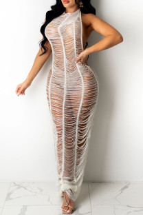 White Sexy Solid Color Hollow Out Patchwork See-Through Swimwears Cover Up