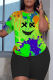 Black Green Casual Print Basic O Neck Short Sleeve Two Pieces