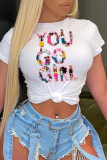 White Casual Print Letter Patchwork O Neck T-Shirts
