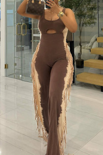 Brown Casual Fringed Trim Hollow Out Patchwork U Neck Loose Jumpsuits