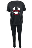 White Casual Letters Patchwork O Neck Short Sleeve Two Pieces