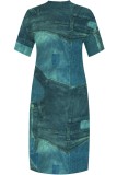 Dark Blue Casual Print Basic V Neck Long Plus Size Dresses